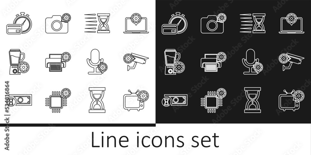Set line Tv setting, Security camera, Old hourglass with sand, Printer, Blender bowl, Fast payments, Microphone and Photo icon. Vector Set line Tv setting, Security camera, Old hourglass with sand, Printer, Blender bowl, Fast payments, Microphone and Photo icon. Vector