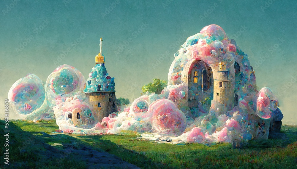 Soap castle with colorful bubbles concept art illustration