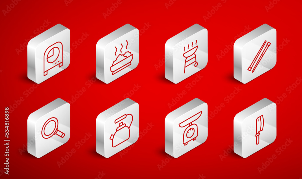 Set line Meat chopper, Bowl of hot soup, Barbecue grill, Food chopsticks, Scales, Kitchen timer, Kettle with handle and Frying pan icon. Vector Set line Meat chopper, Bowl of hot soup, Barbecue grill, Food chopsticks, Scales, Kitchen timer, Kettle with handle and Frying pan icon. Vector