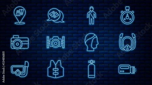 Set line Flashlight for diver, Diving mask with snorkel, Wetsuit scuba diving, Photo camera, Flippers swimming, hood and icon. Vector