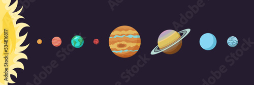 Colorful solar system with line planets in flat design cartoon style. Astronomy education and science banner for kids learning.