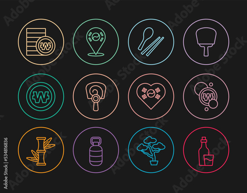 Set line Soju bottle, South Korean won coin, Food chopsticks, hand fan, Love with heart and Location icon. Vector