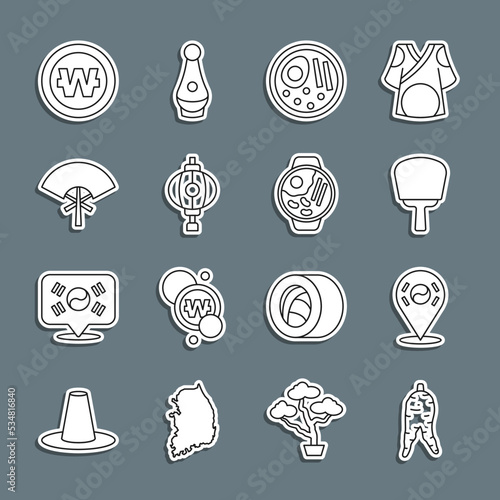 Set line Ginseng root, Location South Korea, Korean hand fan, Ramen, lantern, Traditional, won coin and icon. Vector