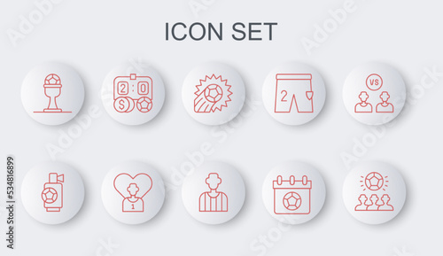 Set line Soccer football ball, Air horn, Football soccer calendar, Award cup and, betting money, player and referee icon. Vector