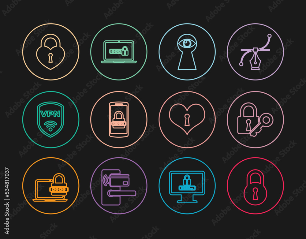 Set line Lock, and key, Keyhole with eye, Mobile password, Shield VPN wireless, Castle in the shape of heart, Heart keyhole and Laptop icon. Vector
