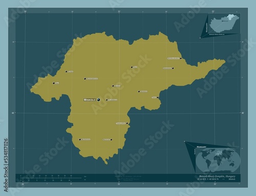 Canvas Print Borsod-Abauj-Zemplen, Hungary. Solid. Labelled points of cities
