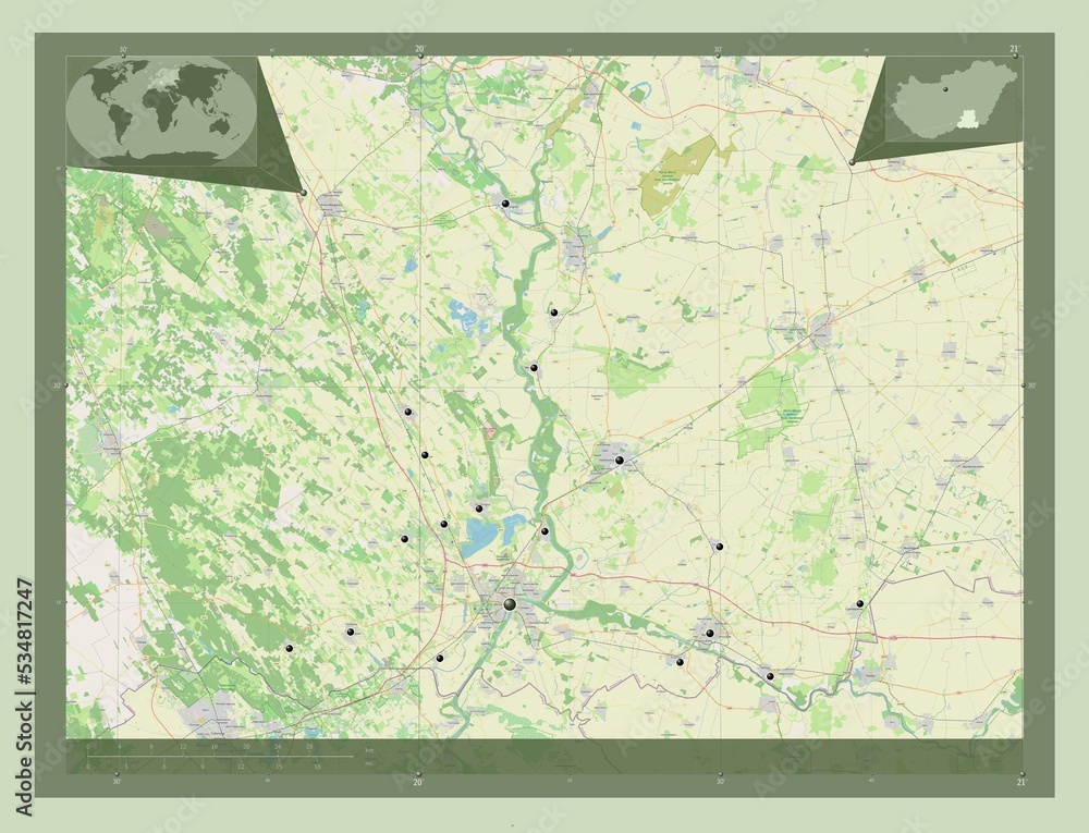 Fototapeta premium Csongrad, Hungary. OSM. Major cities