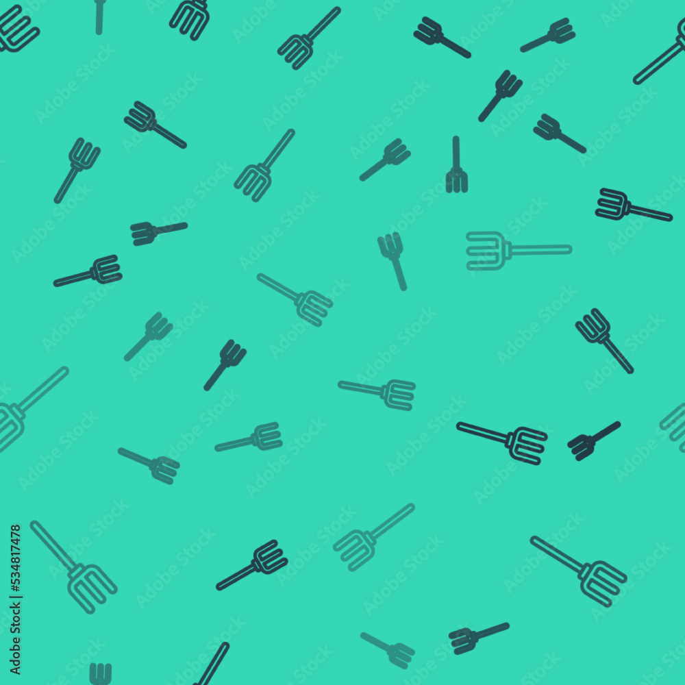 Black line Garden pitchfork icon isolated seamless pattern on green background. Garden fork sign. Tool for horticulture, agriculture, farming. Vector Black line Garden pitchfork icon isolated seamless pattern on green background. Garden fork sign. Tool for horticulture, agriculture, farming. Vector