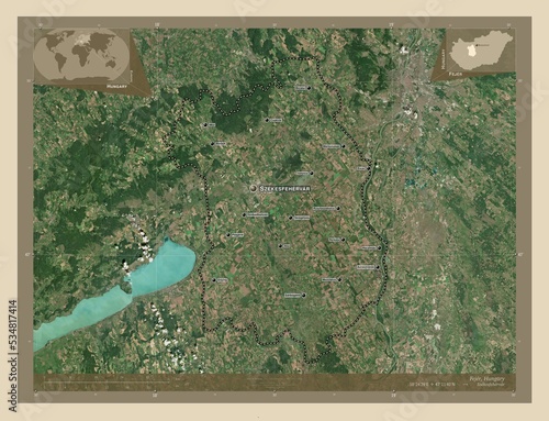 Fejer, Hungary. High-res satellite. Labelled points of cities photo