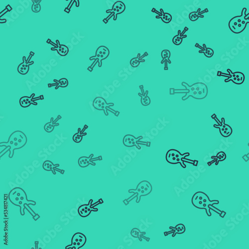 Black line Electric bass guitar icon isolated seamless pattern on green background. Vector