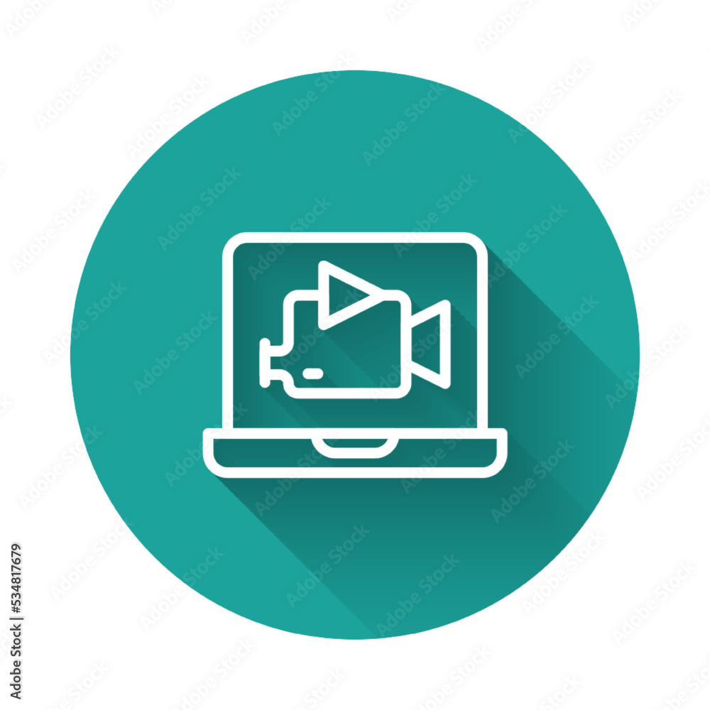 White line Online play video icon isolated with long shadow background. Film strip with play sign. Green circle button. Vector White line Online play video icon isolated with long shadow background. Film strip with play sign. Green circle button. Vector