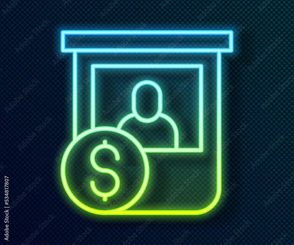 Obraz premium Glowing neon line Casino chips exchange on stacks of dollars icon isolated on black background. Vector
