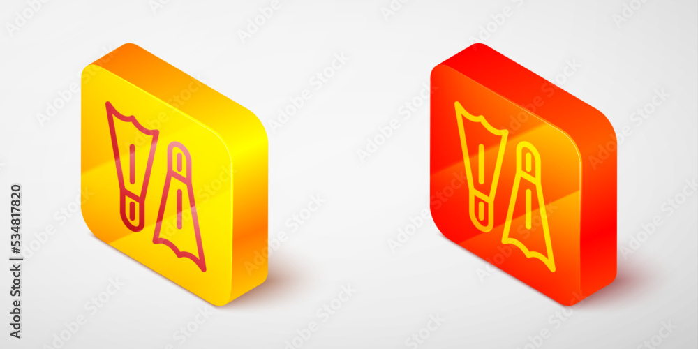 Isometric line Rubber flippers for swimming icon isolated on grey background. Diving equipment. Extreme sport. Diving underwater equipment. Yellow and orange square button. Vector Isometric line Rubber flippers for swimming icon isolated on grey background. Diving equipment. Extreme sport. Diving underwater equipment. Yellow and orange square button. Vector