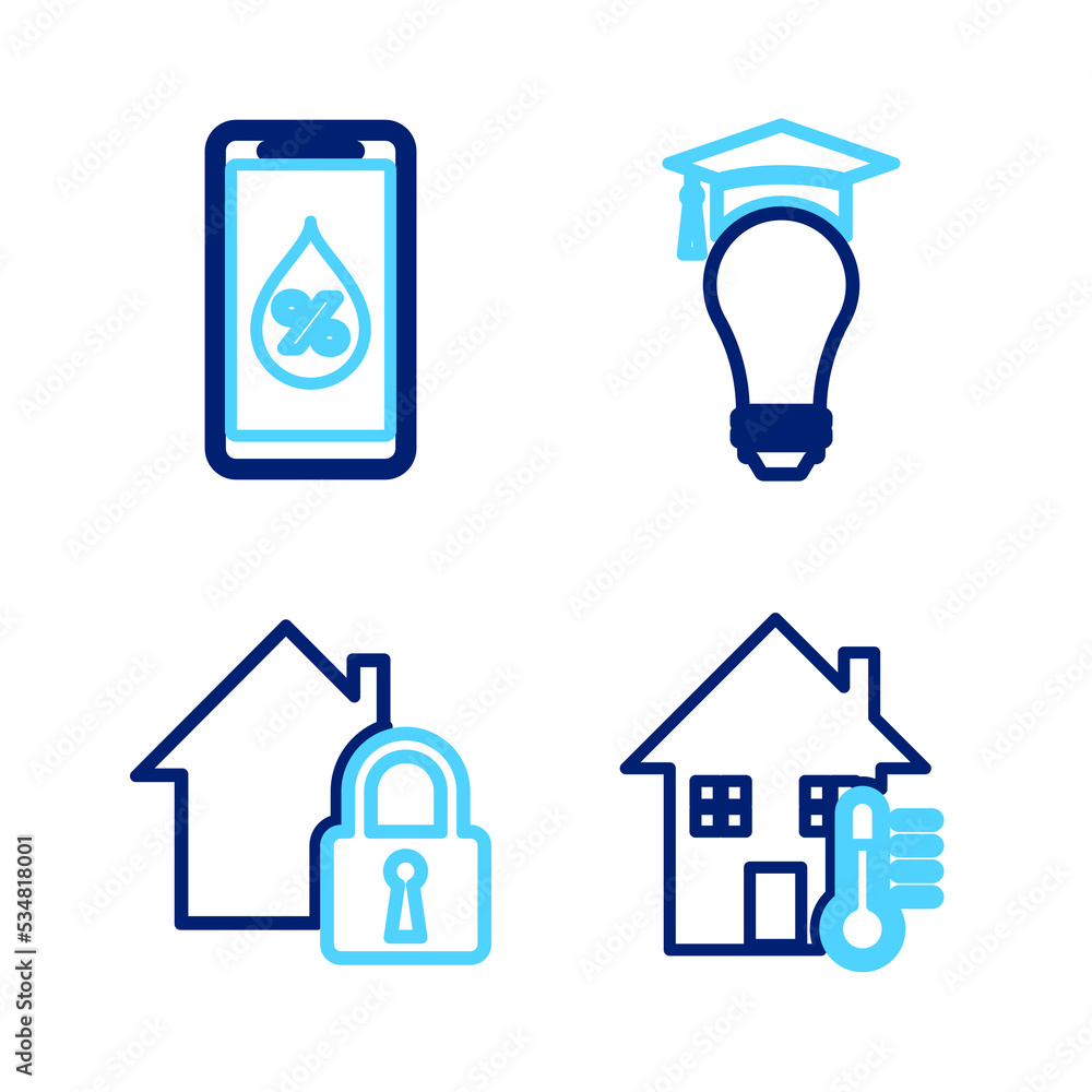 Set line House temperature, under protection, Light bulb and graduation cap and Humidity for smart home icon. Vector Set line House temperature, under protection, Light bulb and graduation cap and Humidity for smart home icon. Vector