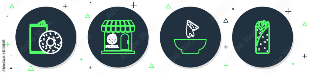 Set line Pizzeria building facade, Nachos plate, Aluminum can soda and donut and Burrito icon. Vector Set line Pizzeria building facade, Nachos plate, Aluminum can soda and donut and Burrito icon. Vector