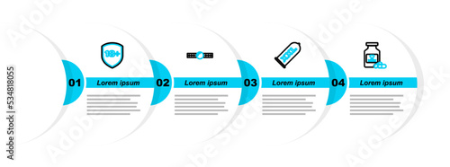 Set line Bottle with pills for potency, Condom safe sex, Silicone ball gag and Shield 18 plus icon. Vector