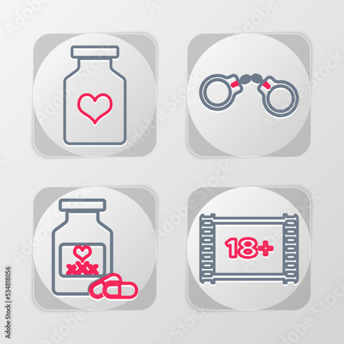 Set line Play Video with 18 plus, Bottle pills for potency, Handcuffs and icon. Vector