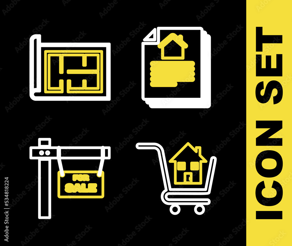Set line House contract, Shopping cart with house, Hanging sign For Sale and plan icon. Vector Set line House contract, Shopping cart with house, Hanging sign For Sale and plan icon. Vector