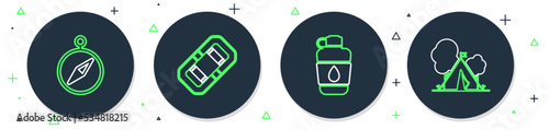 Set line Rafting boat, Canteen water bottle, Compass and Tourist tent with flag icon. Vector