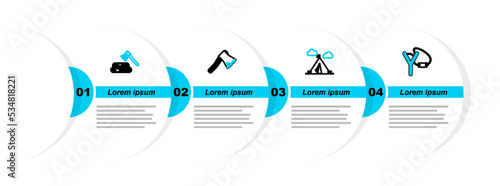 Set line Slingshot, Tourist tent with flag, Old wooden axe and Wooden and icon. Vector