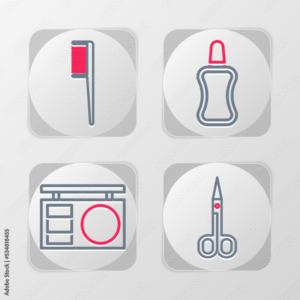 Set line Scissors, Eye shadow palette, Nail polish bottle and Hairbrush icon. Vector Set line Scissors, Eye shadow palette, Nail polish bottle and Hairbrush icon. Vector