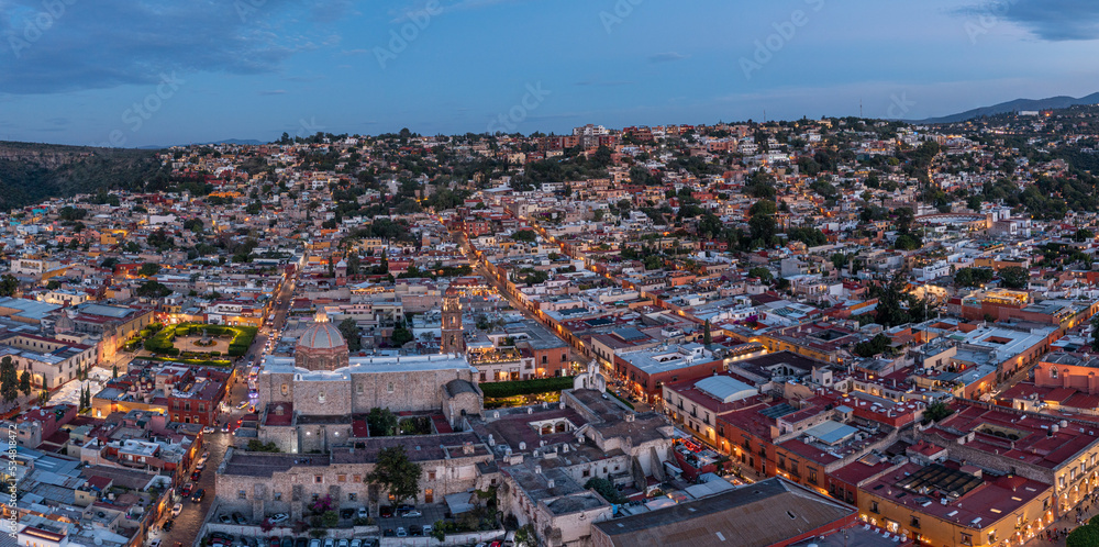 Aerial: San Miguel de Allende panoramic downtown and landscape. Drone view
