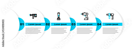Set line Electric drill machine, cordless screwdriver, Blender and Rotary hammer icon. Vector