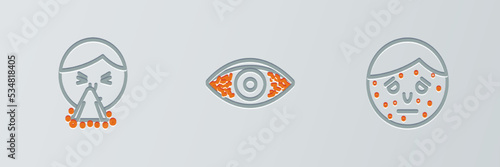 Set line Face with psoriasis or eczema, Handkerchief to his runny nose and Reddish eye allergic conjunctivitis icon. Vector