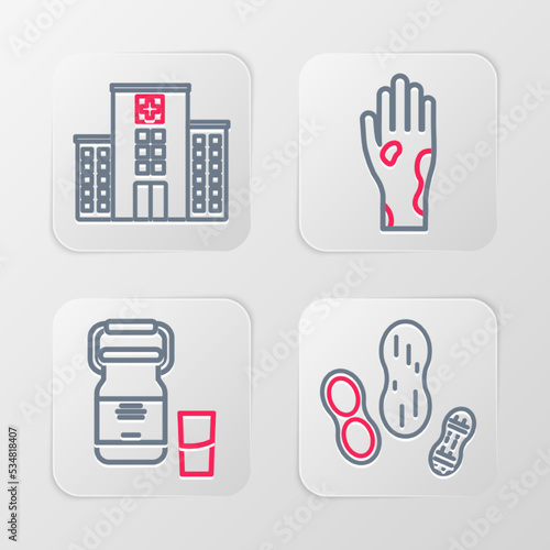 Set line Peanut, Can container for milk, Hand with psoriasis eczema and Medical hospital building icon. Vector