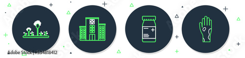 Set line Medical hospital building, Medicine bottle and pills, Mold and Hand with psoriasis or eczema icon. Vector