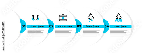 Set line Runny nose, First aid kit and Crab icon. Vector
