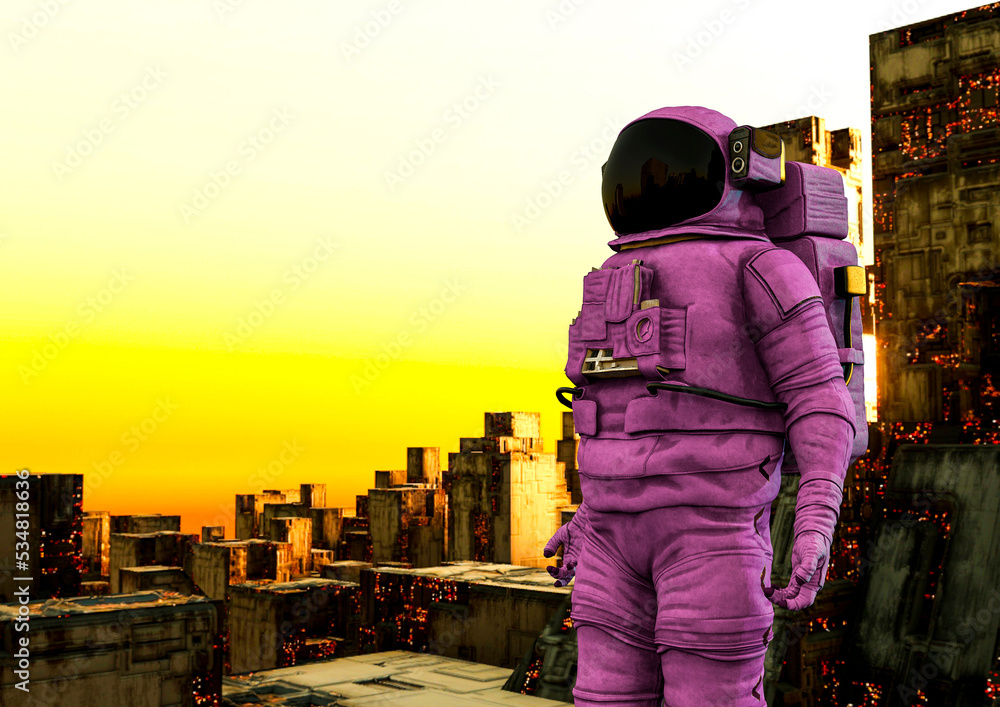 astronaut is standing up and looking to this futuristic planet in sci-fi spaceship background close up view astronaut is standing up and looking to this futuristic planet in sci-fi spaceship background close up view