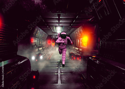 astronaut is running on the corridor in sci-fi spaceship background © DM7