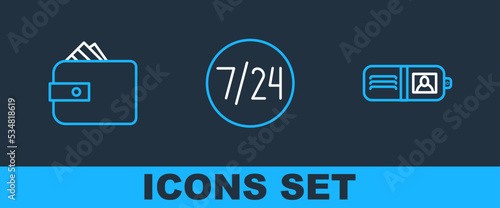 Set line Wallet, with paper money cash and Clock 24 hours icon. Vector