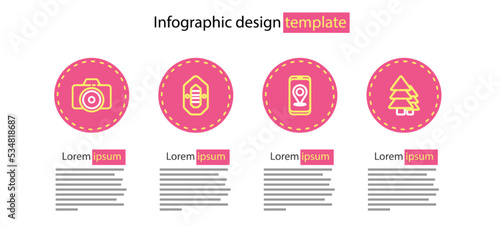 Set line City map navigation, Tree, Rafting boat and Photo camera icon. Vector