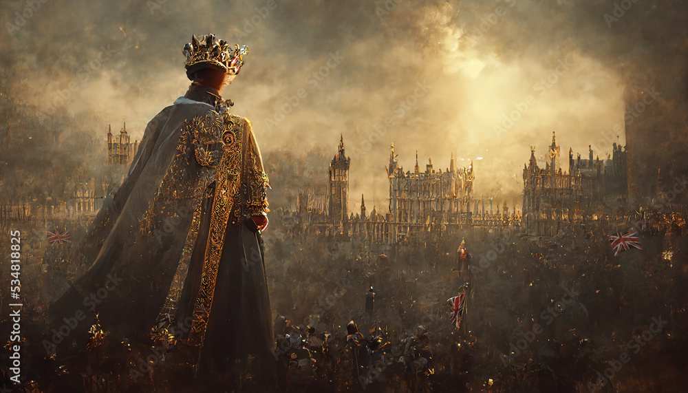 The new King of the United Kingdom hailed by the crowd of England, in the crowning ceremony. 3D illustration, digital art watercolor painting.