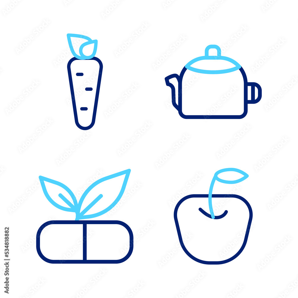 Set line Apple, Medical pill with plant, Kettle handle and Carrot icon. Vector Set line Apple, Medical pill with plant, Kettle handle and Carrot icon. Vector
