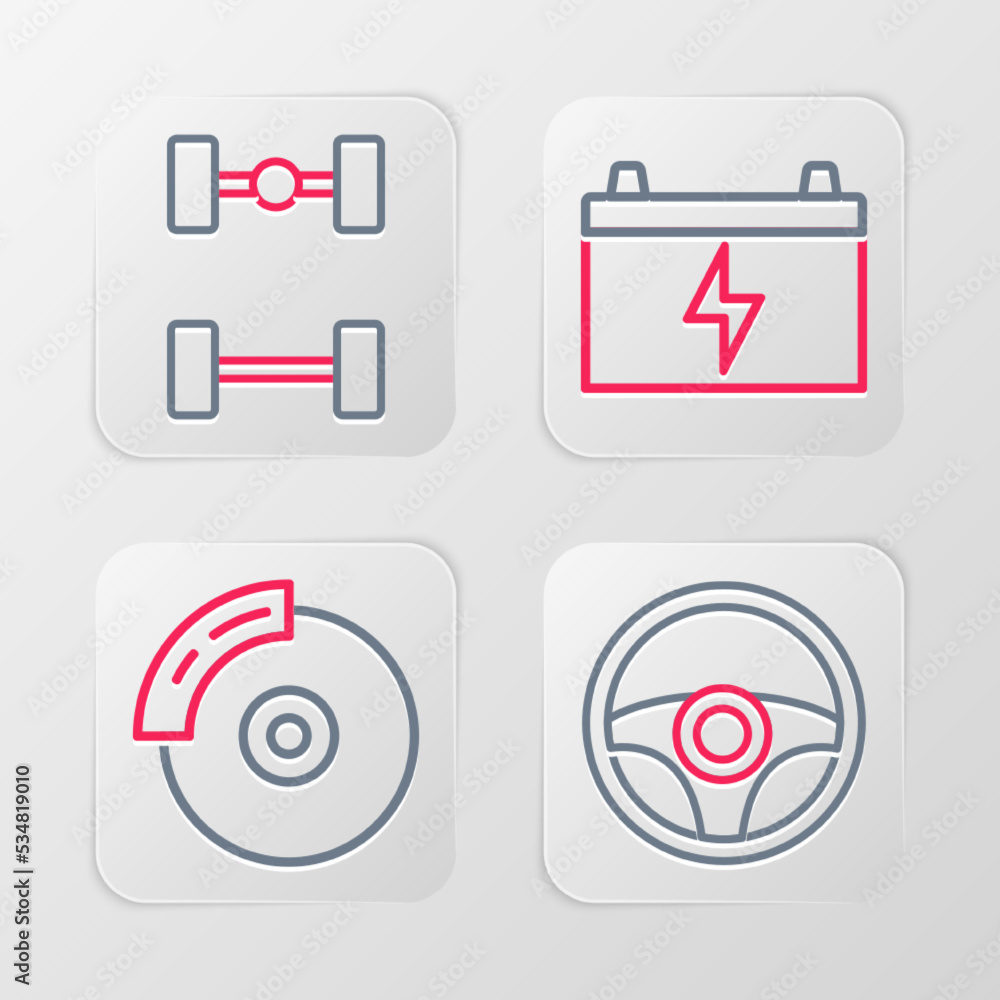 Set line Steering wheel, Car brake disk with caliper, battery and Chassis car icon. Vector Set line Steering wheel, Car brake disk with caliper, battery and Chassis car icon. Vector