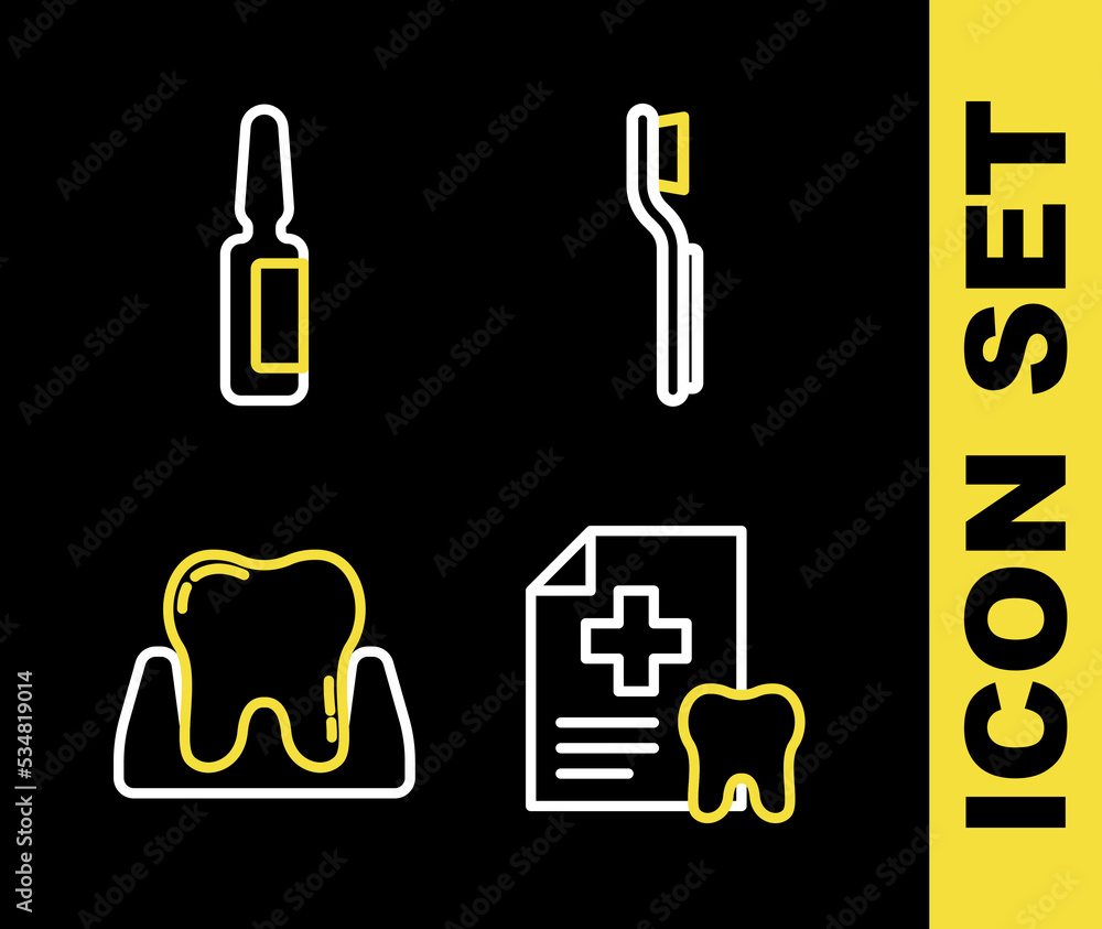 Set line Toothbrush, Dental card, and Painkiller tablet icon. Vector Set line Toothbrush, Dental card, and Painkiller tablet icon. Vector