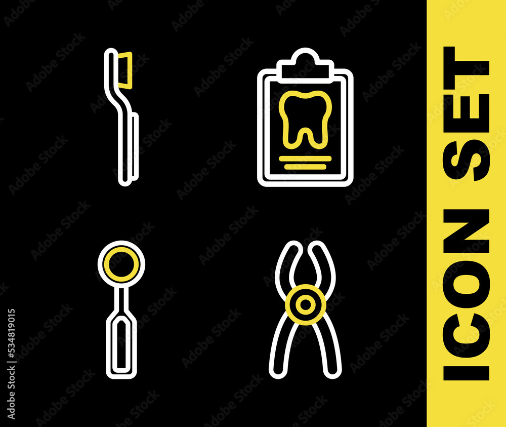 Set line Dental card, pliers, inspection mirror and Toothbrush icon. Vector Set line Dental card, pliers, inspection mirror and Toothbrush icon. Vector