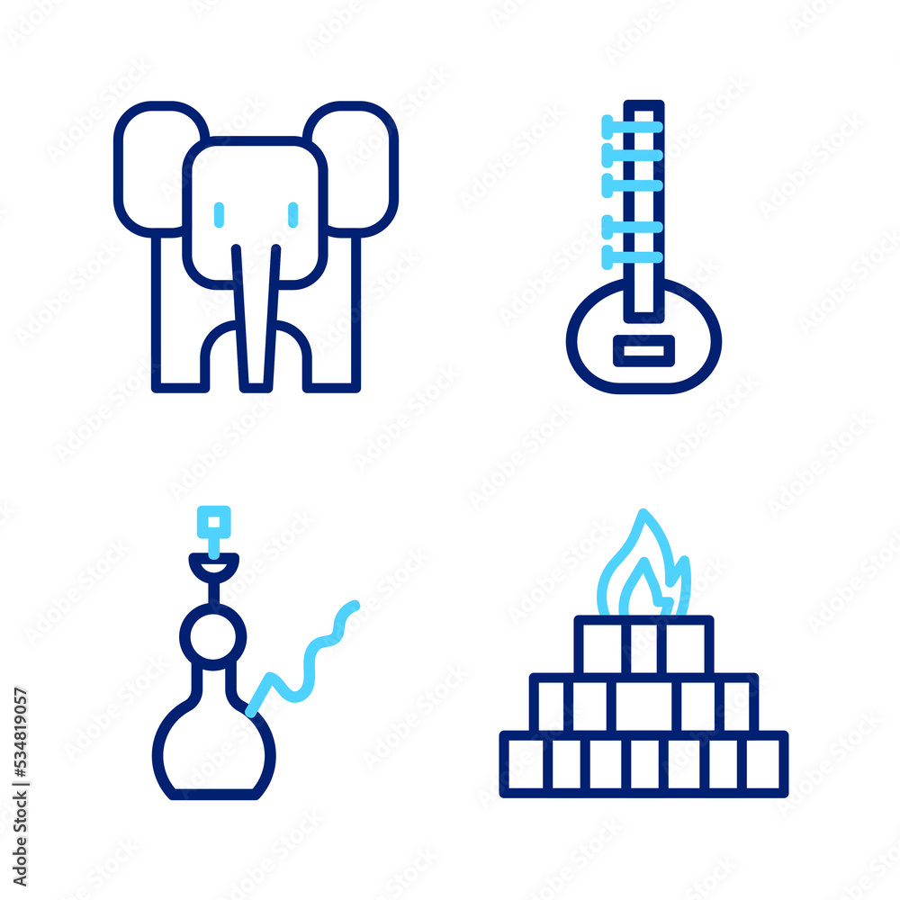 Set line Yagna, Hookah, Sitar and Elephant icon. Vector