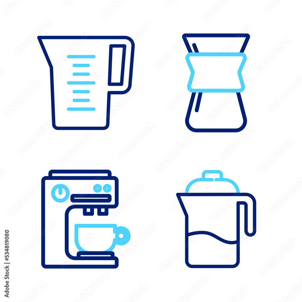 Set line French press, Coffee machine, Pour over coffee maker and Jug glass with water icon. Vector Set line French press, Coffee machine, Pour over coffee maker and Jug glass with water icon. Vector
