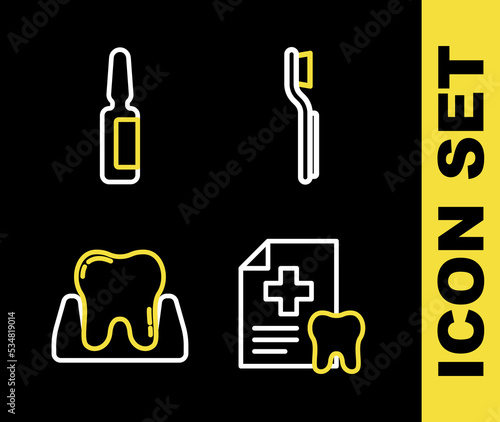 Set line Toothbrush  Dental card  and Painkiller tablet icon. Vector