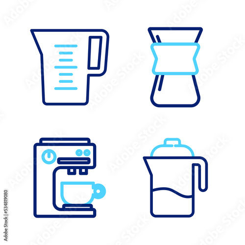 Fotobehang Set line French press, Coffee machine, Pour over coffee maker and Jug glass with water icon