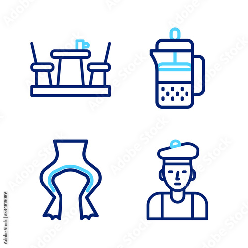 Set line French man, Frog legs, press and cafe icon. Vector