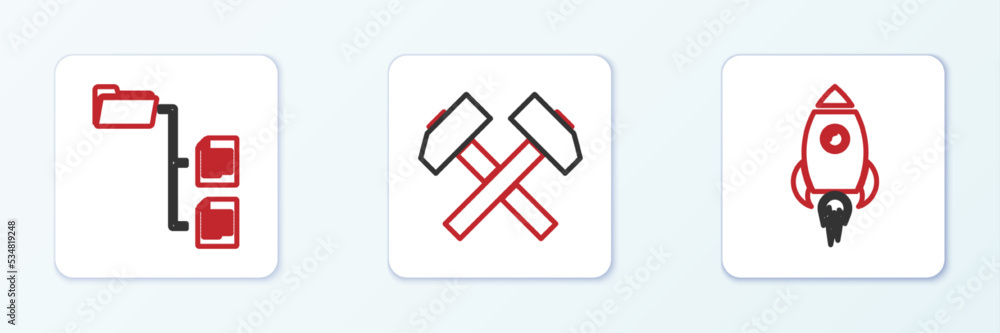 Set line Rocket ship with fire, Folder tree and Two crossed hammers icon. Vector Set line Rocket ship with fire, Folder tree and Two crossed hammers icon. Vector