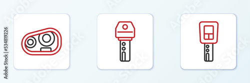 Set line Car key with remote, headlight and icon. Vector
