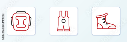 Set line Sport boxing shoes, Boxing helmet and Wrestling singlet icon. Vector