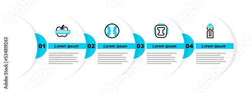 Set line Fitness shaker, Boxing helmet, Baseball ball and Apple and measuring tape icon. Vector