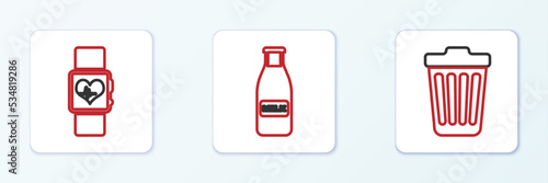 Set line Trash can, Smart watch heart beat rate and Glass bottle milk and cap icon. Vector